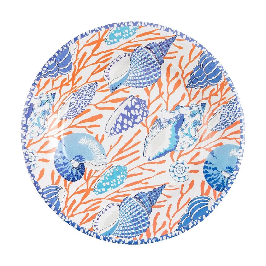 Shell Toile Salad/Dessert Plates in Coral & Blue