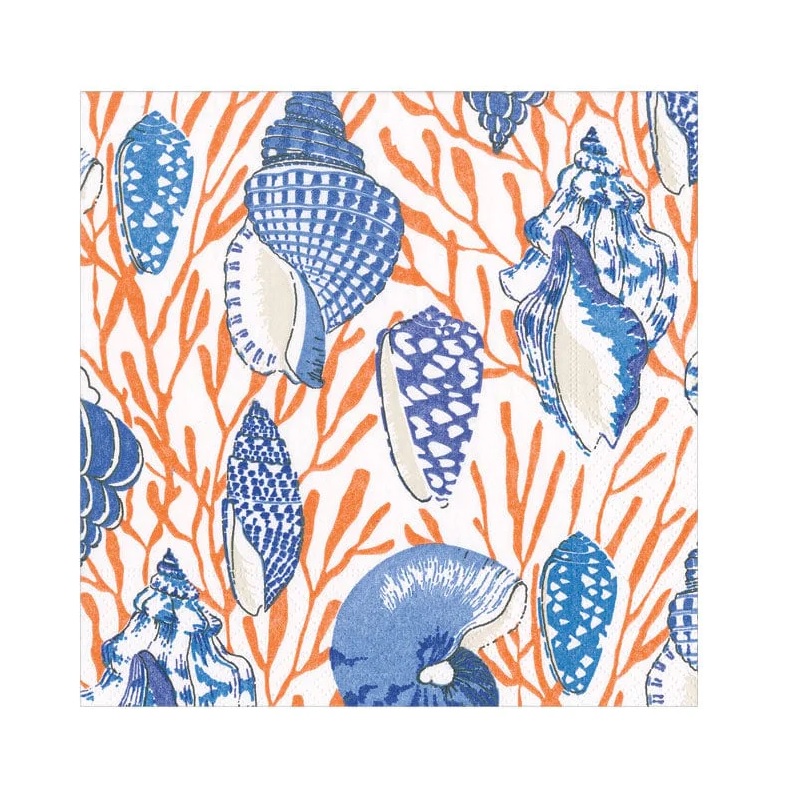 Shell Toile Paper Cocktail Napkins in Coral & Blue