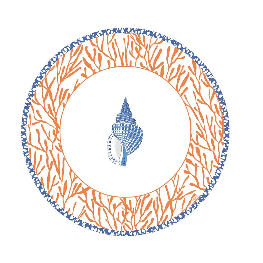 Shell Toile Dinner Paper Plates in Coral & Blue