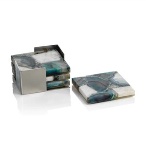 Zodax Set/4 Crete Agate Coasters on Metal Tray- Green/White