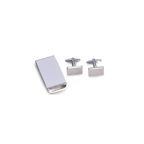 Silver Plated Rectangular Cufflinks & Money Clip Set