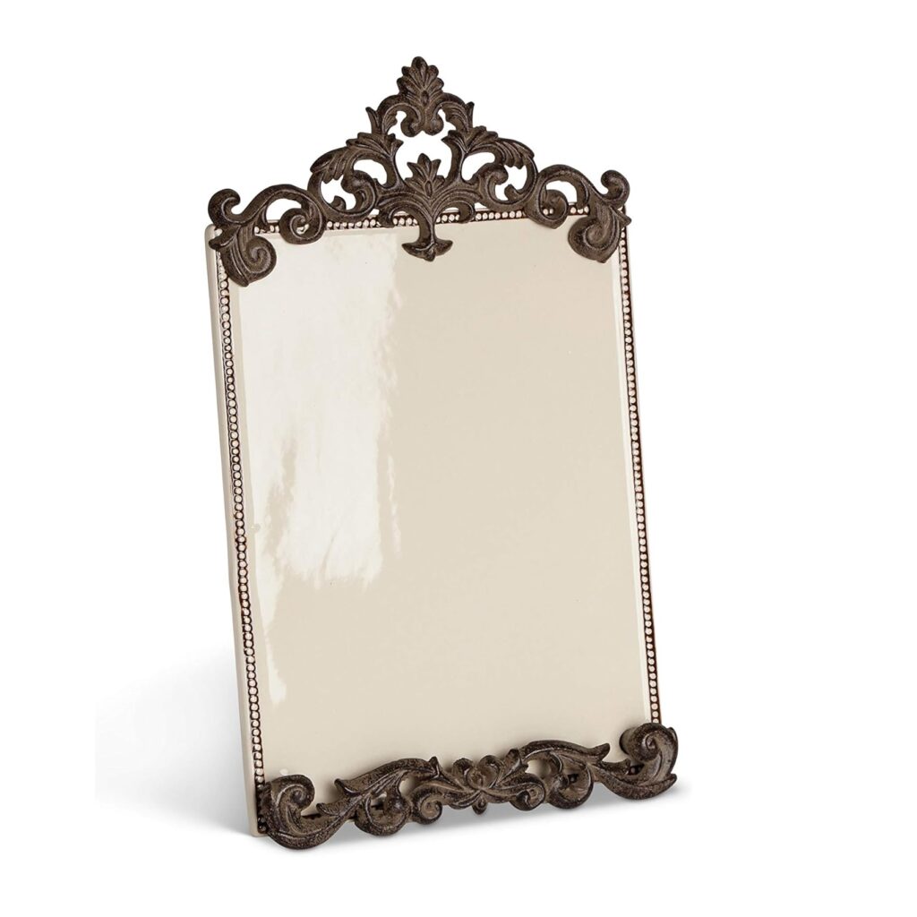 GG Collection Cream Ceramic Message Board with Brown Metal, Acanthus Leaf Styled, Standing Frame