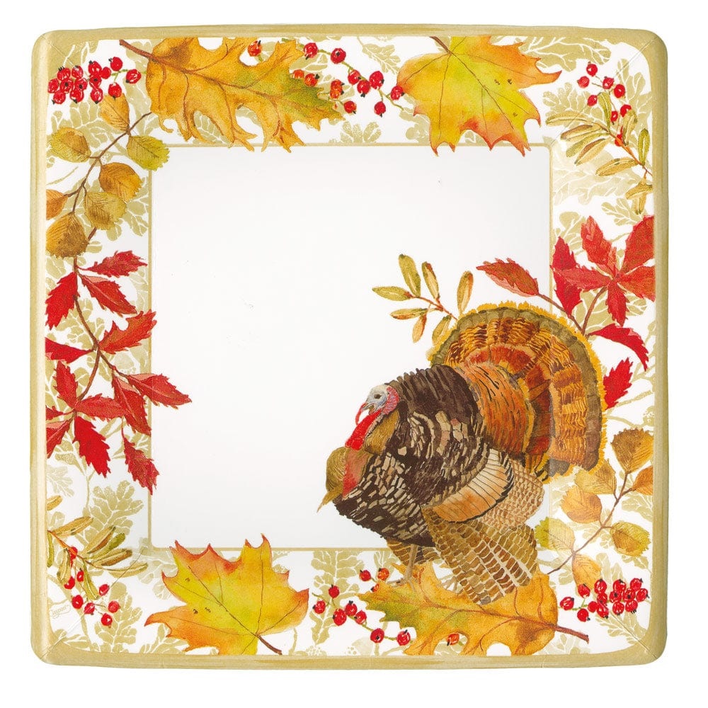 Caspari Woodland Turkey Square Paper Dinner Plates