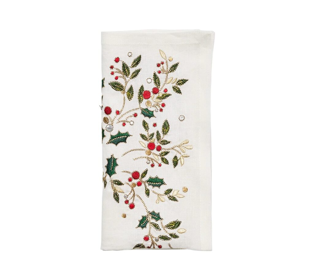 Kim Seybert Holly Napkin in White, Red & Green