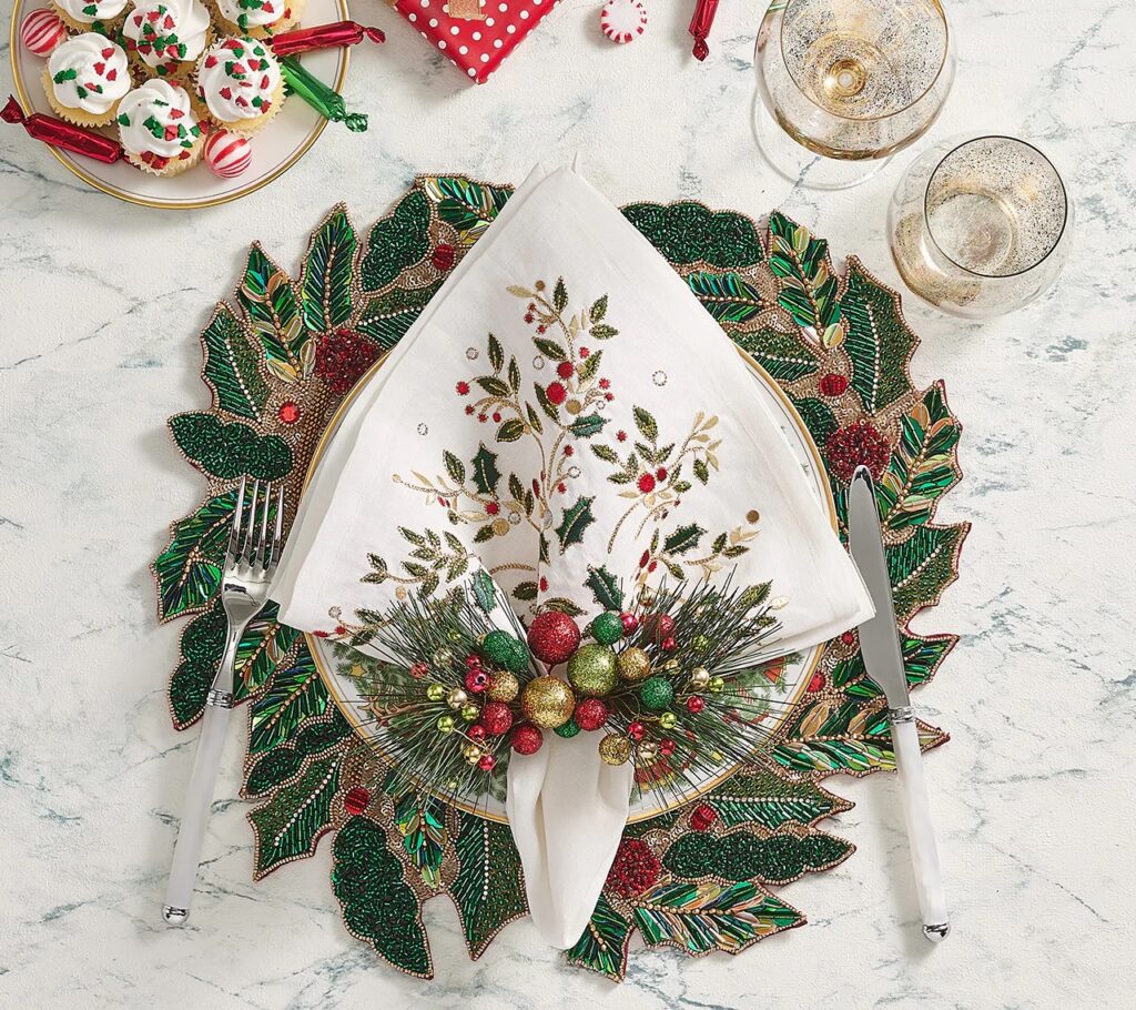Kim Seybert Holly Napkin in White, Red & Green
