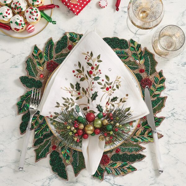 Kim Seybert Holly Napkin in White, Red & Green