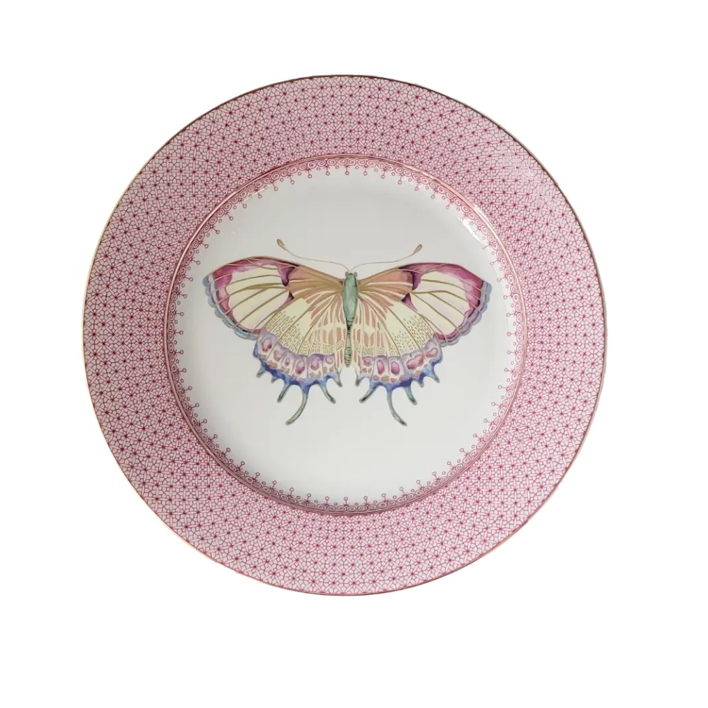 Mottahedeh Pink Lace Dessert Plate with Butterfly