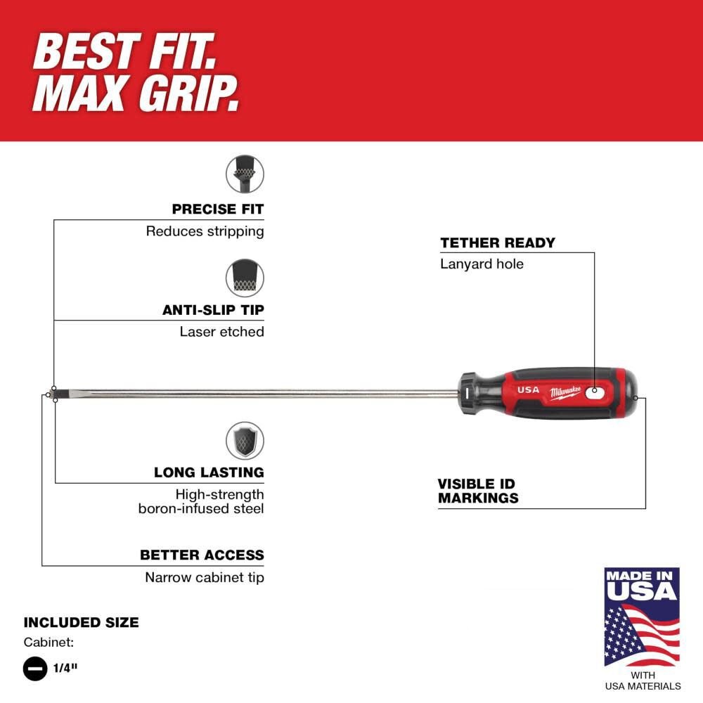Milwaukee 1/4" Cabinet 10" Cushion Grip Screwdriver