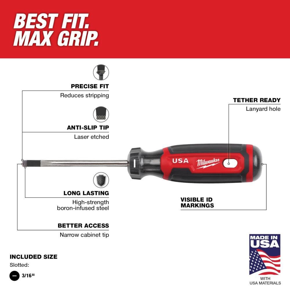 Milwaukee 3/16" Cabinet 3" Cushion Grip Screwdriver