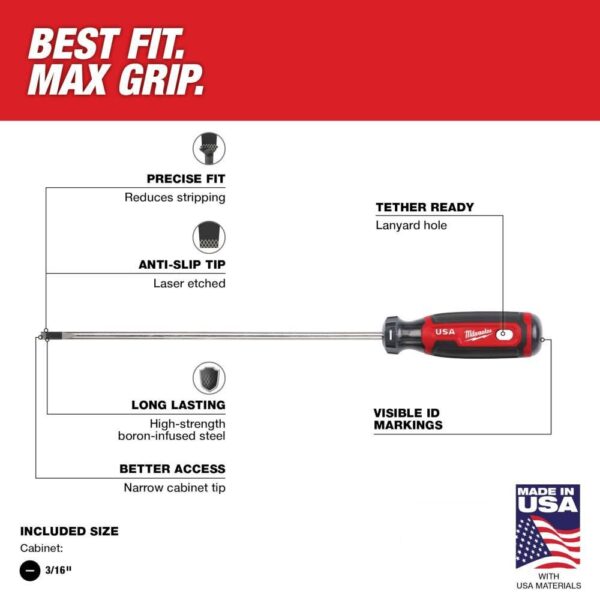 Milwaukee 3/16" Cabinet 8" Cushion Grip Screwdriver