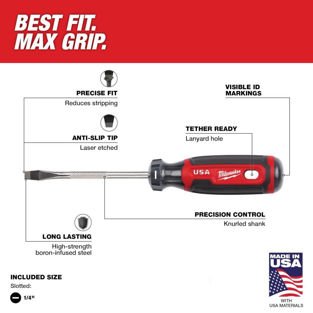 Milwaukee 1/4" Slotted 4" Cushion Grip Screwdriver