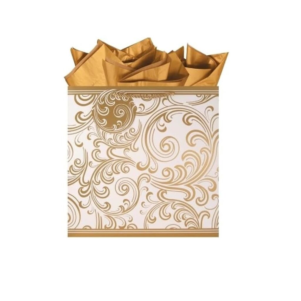 Large Square Gift Bag, Golden Scrolls
