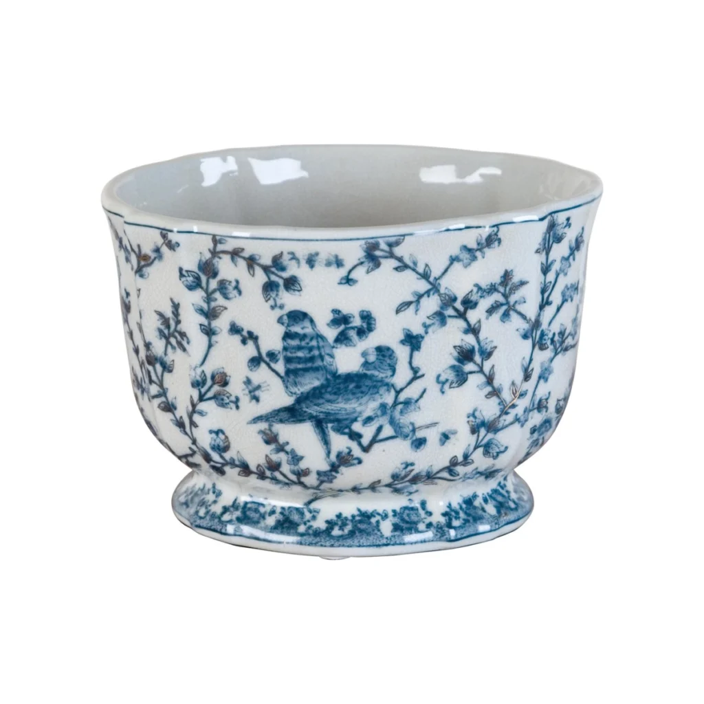 Porcelain Blue and White Floral and Bird Round Scallop Planter