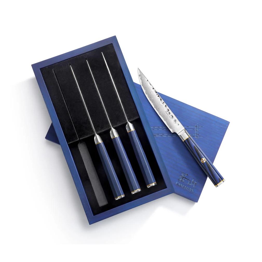 KITA Series 4-Piece Fine Edge Steak Knife Set, High Carbon X-7 Damascus Steel