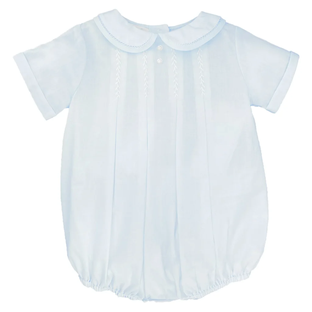 Petit Ami Blue Newborn Romper with Hand Feather Stitching