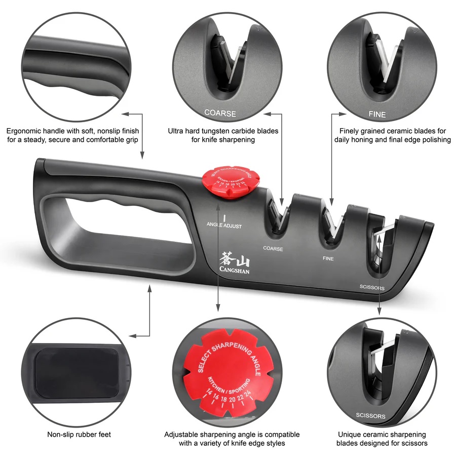Professional Knife + Scissor Sharpener, 3-Stage Adjustable 14-24 Degree