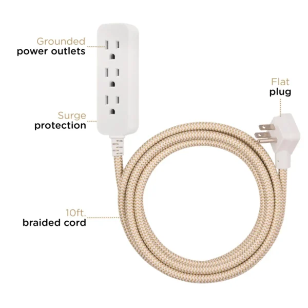 Jasco Cordinate 3-Outlet 10' Braided Extension Cord - White Tan2