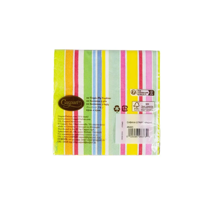 Caspari Cabana Stripe Bright Cocktail Paper Napkins, Pack of 20