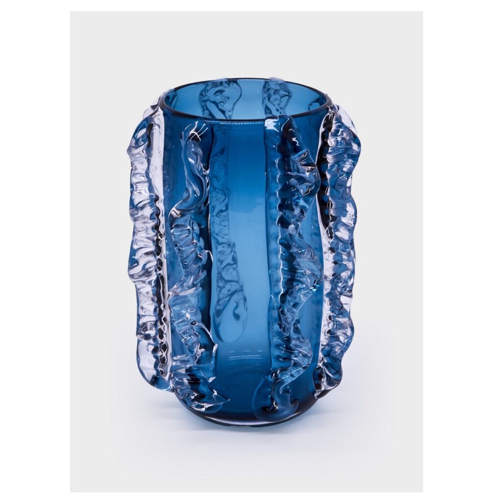 Glass Vase Blue w/Clear Molten Design