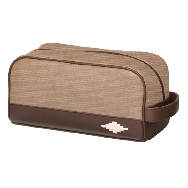 Pampeano Hombre Washbag - Brown Leather and Sand Canvas with Cream Stitching