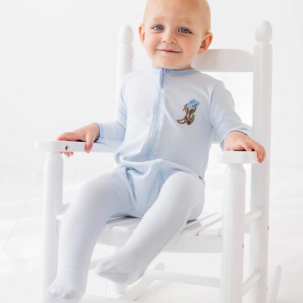 Boots and Blooms Zip Footie - Light Blue
