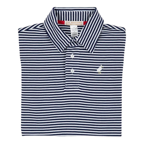 Prim & Proper White Polo - Navy Stripe