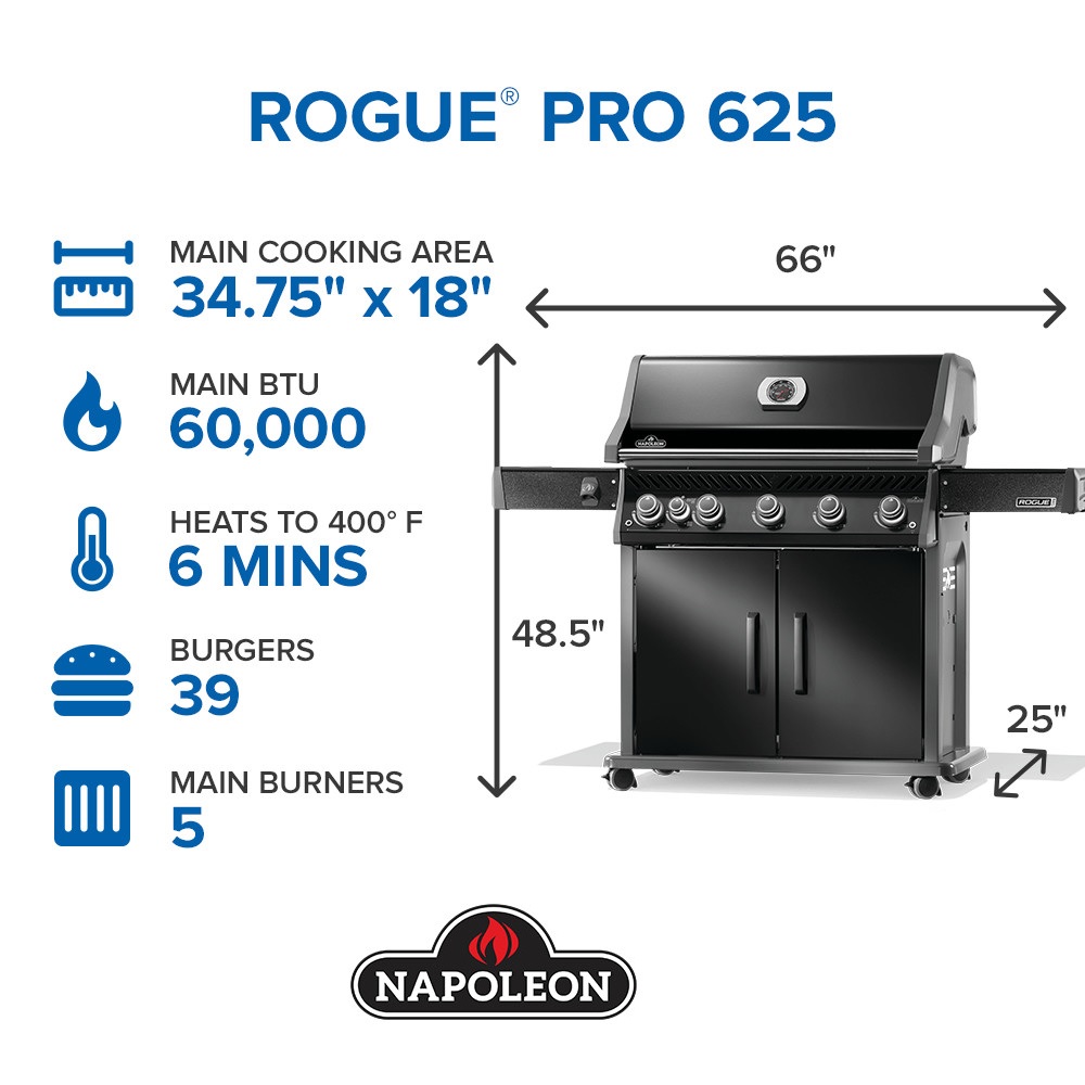 Napoleon Rogue PRO 625 SIB with Infrared Side Burner - Black (Liquid Propane)