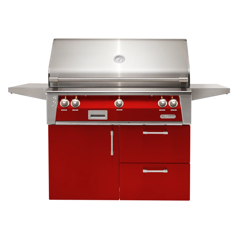 Alfresco 42” Freestanding Grill on Deluxe Cart with SearZone & Rotisserie – Carmine Red (Natural Gas)