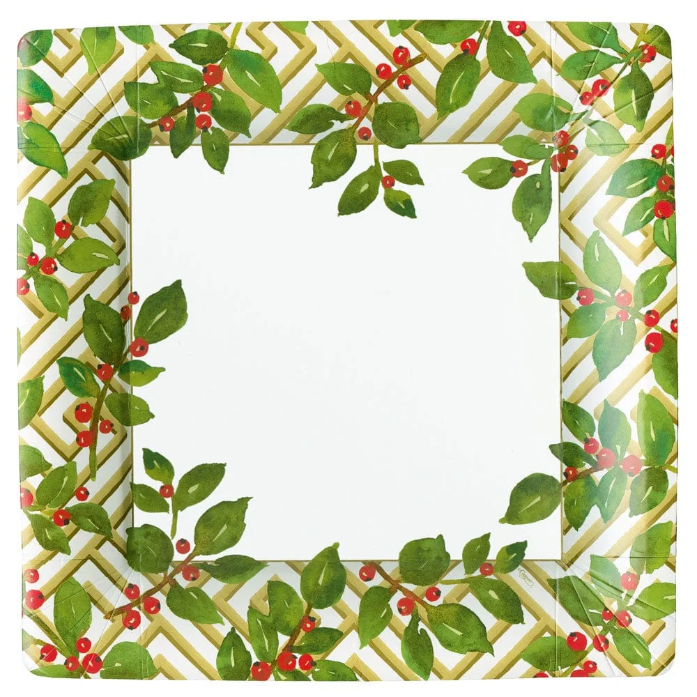 Caspari Holly and Fretwork Square Paper Dinner Plates