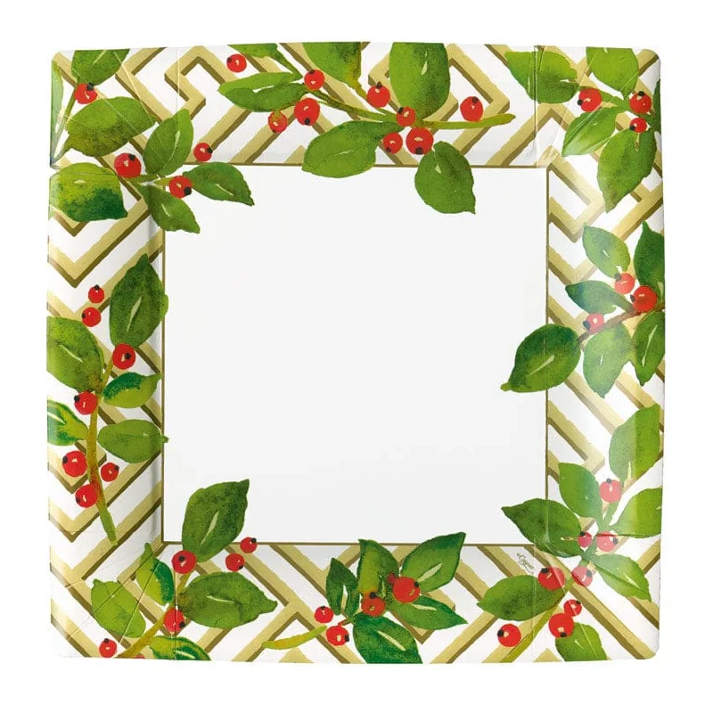 Caspari Holly and Fretwork Square Paper Salad & Dessert Plates