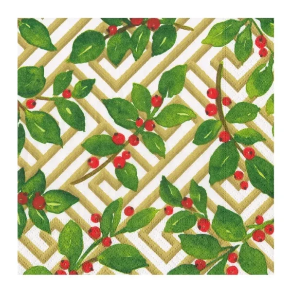 Caspari Holly and Fretwork White Cocktail Napkins