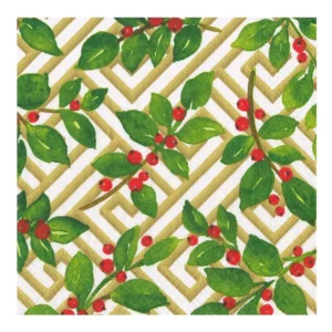 Caspari Holly and Fretwork White Luncheon Napkins