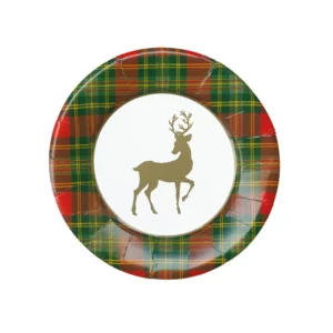 Caspari Reindeer Tartan Red Paper Salad & Dessert Plates