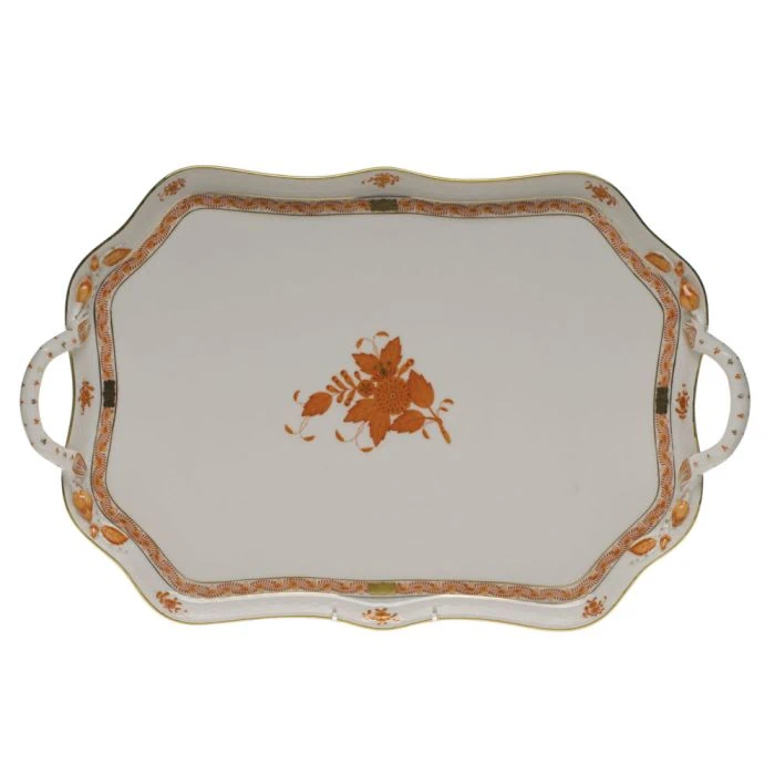 Herend Chinese Bouquet Rust Rectangular Tray with Branch Handles