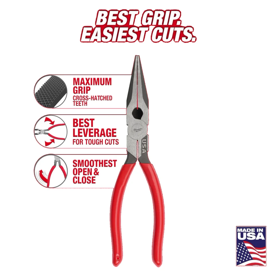 Milwaukee 8" Long Nose Pliers - Dipped Grip