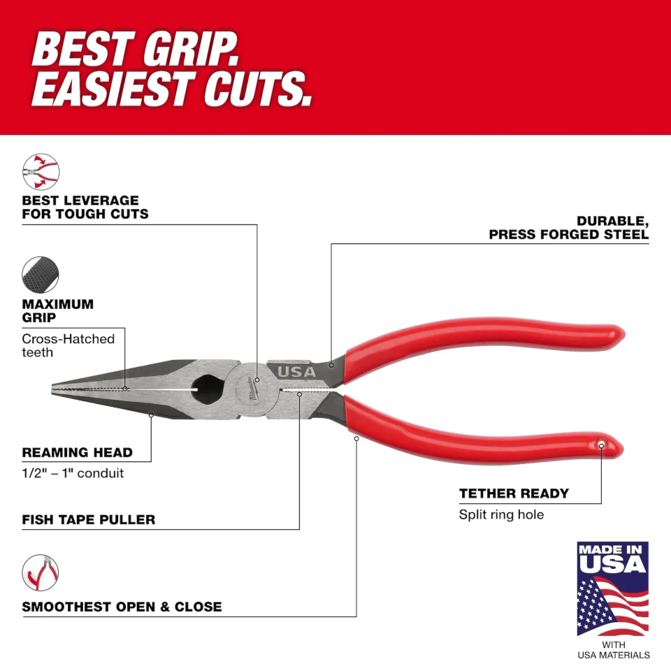 Milwaukee 8" Long Nose Pliers - Dipped Grip