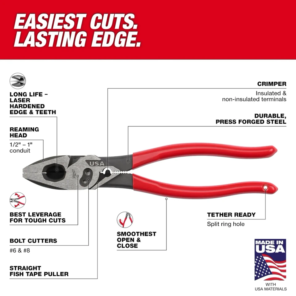 Milwaukee 9" Lineman's Pliers - Dipped Grip