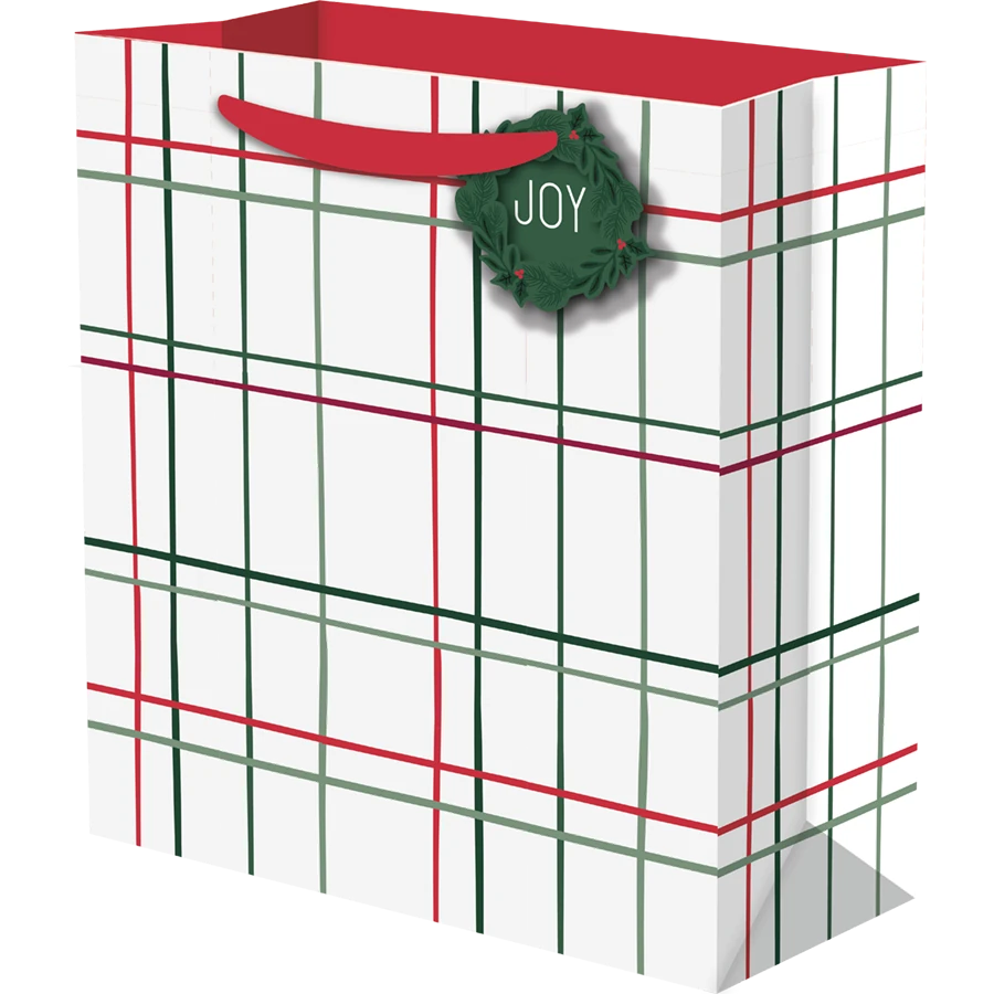 Holly Day Cheer White Plaid Large Gift Bag