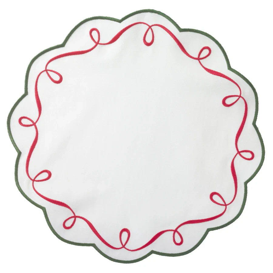 Bodrum Ribbon Twirl Embroidered Round Placemat - Red/Green