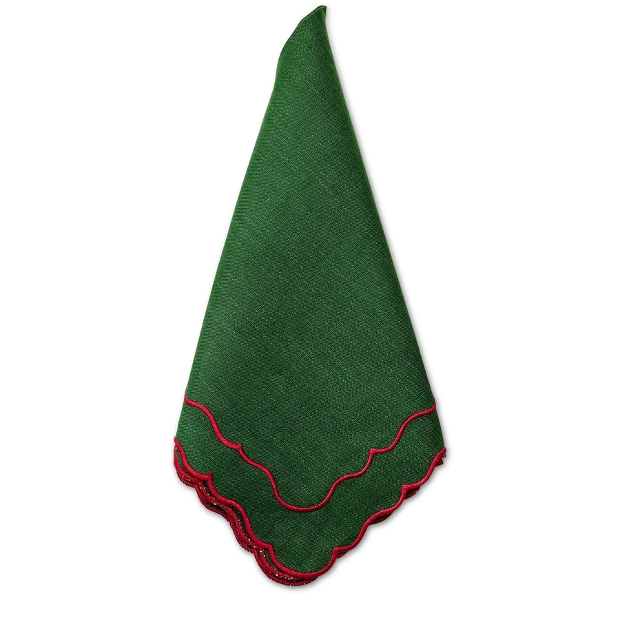 Deborah Rhodes Double Scallop Embroidered Napkin - Emerald/Holiday Red