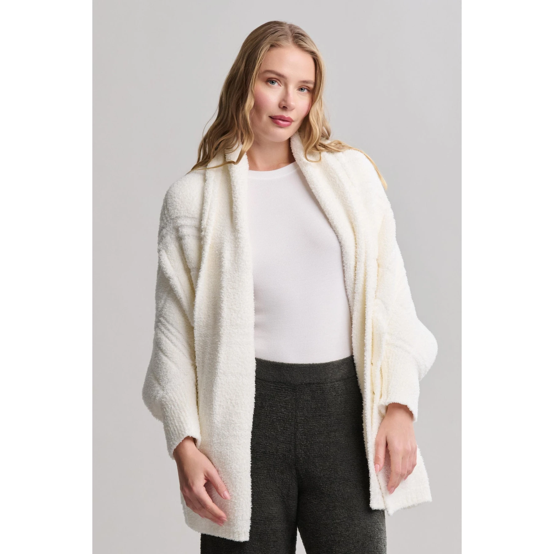 Barefoot Dreams CozyChic Cotton Tonal Plaid Blanket Wrap - Pearl