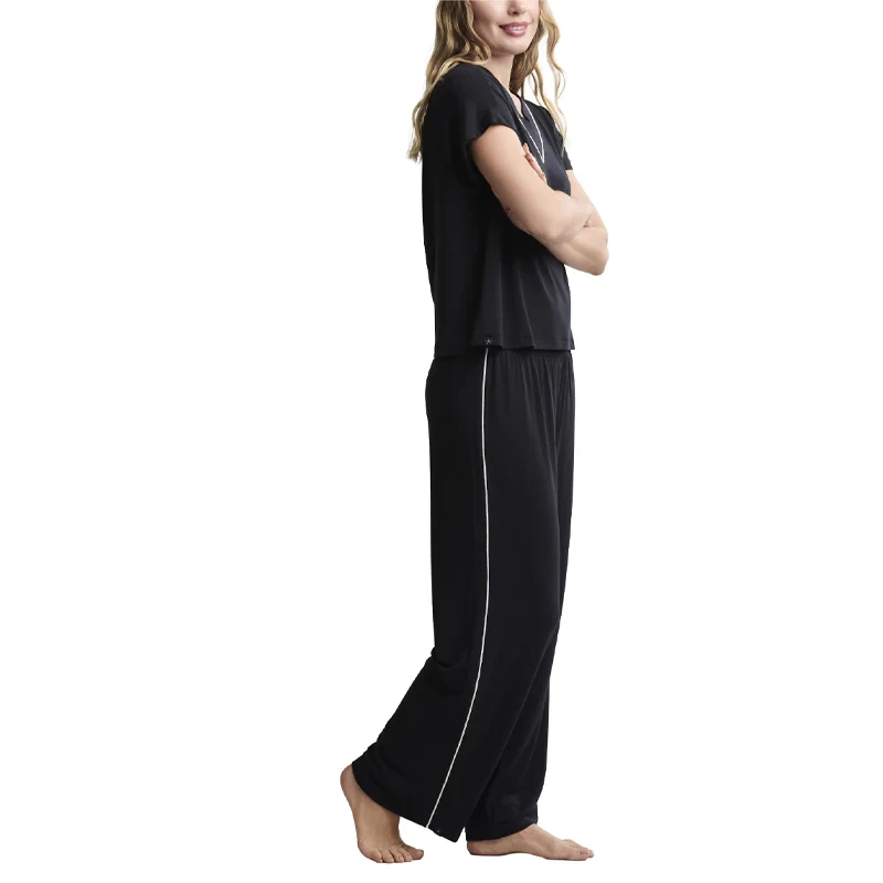 Barefoot Dreams Luxe Milk Jersey Piped Short Sleeve Pant Set - Black