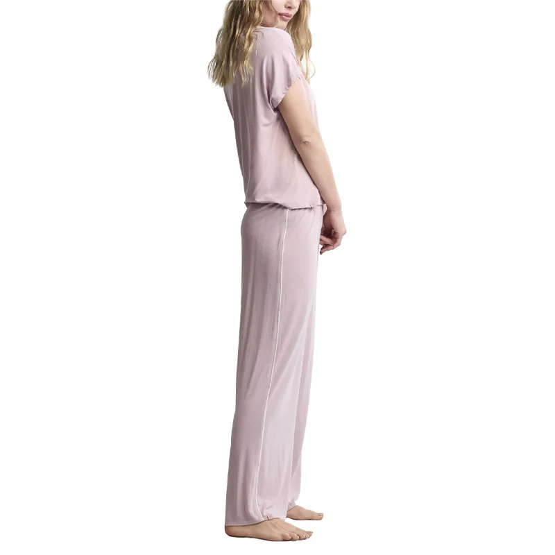 Barefoot Dreams Luxe Milk Jersey Piped Short Sleeve Pant Set - Teaberry