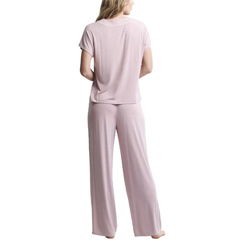 Barefoot Dreams Luxe Milk Jersey Piped Short Sleeve Pant Set - Teaberry