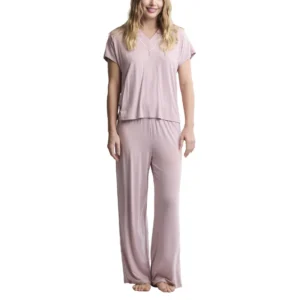 Barefoot Dreams Luxe Milk Jersey Piped Short Sleeve Pant Set - Teaberry