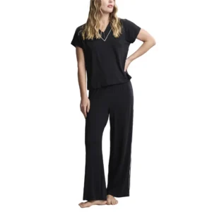 Barefoot Dreams Luxe Milk Jersey Piped Short Sleeve Pant Set - Black