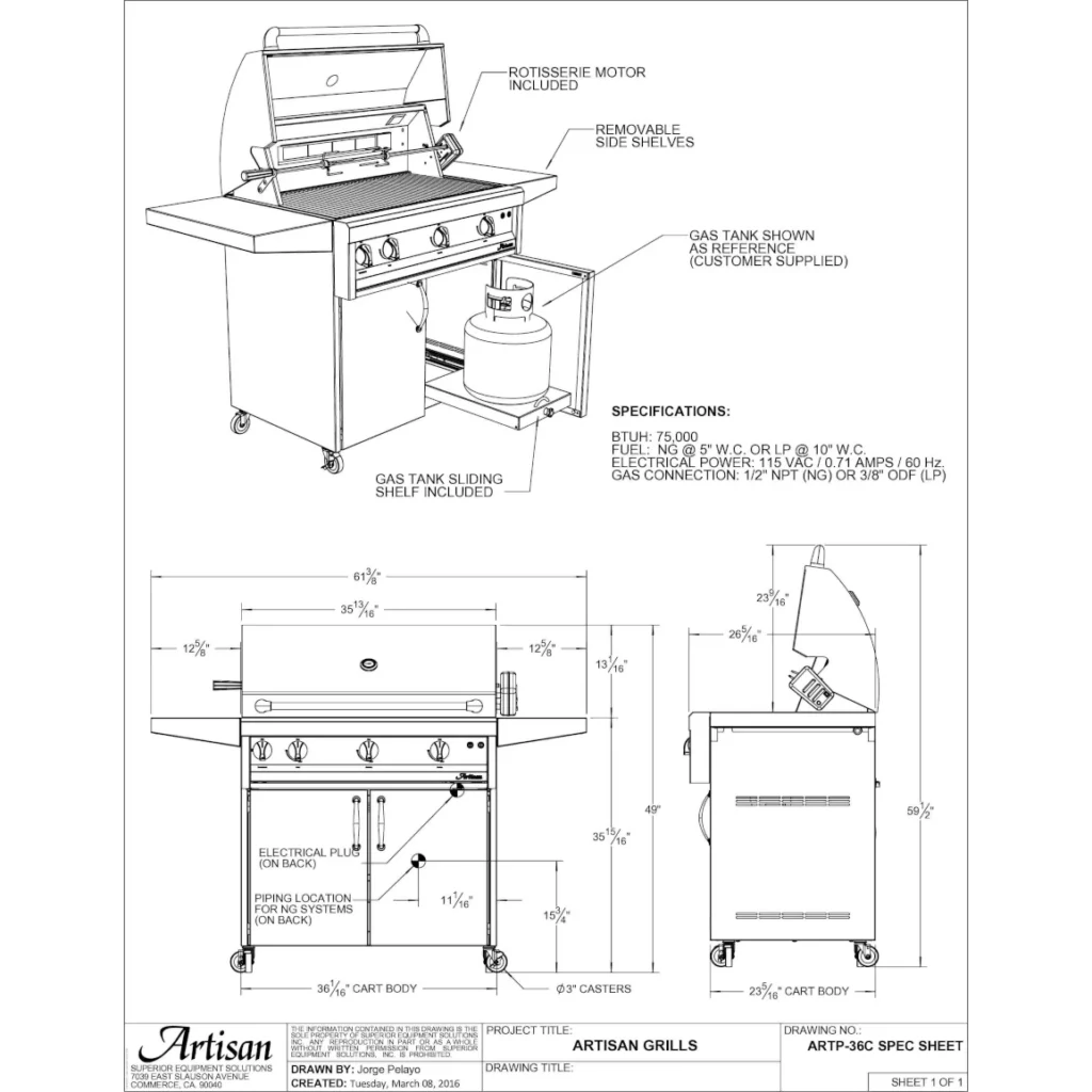 Artisan 36" Professional 3-Burner Grill with Cart
