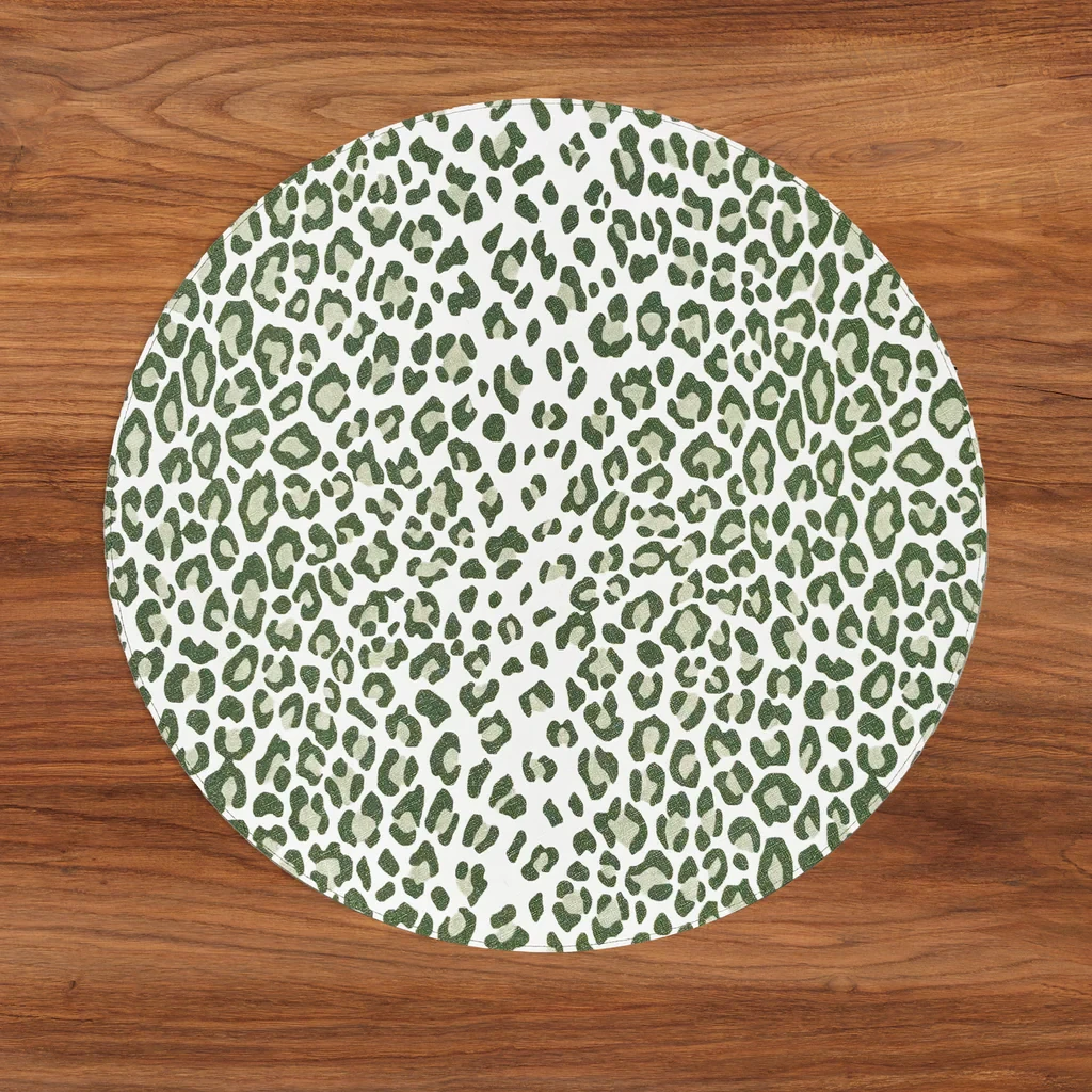 Beatriz Ball VIDA Faenza and Leopard Reversible Round Placemat - White & Green