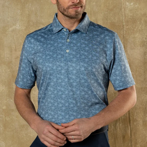 Duckhead Long Drive Performance Polo - Wingbeat Print - Chambray Blue