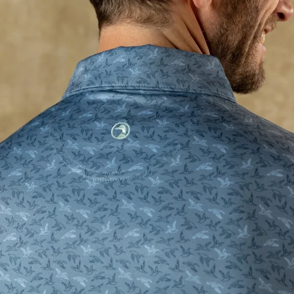 Duckhead Long Drive Performance Polo - Wingbeat Print - Chambray Blue
